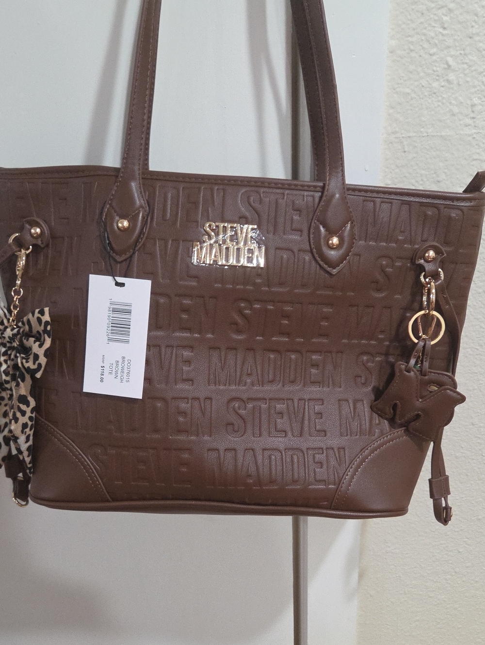 Steve Madden Chocolate Brown Embossed Logo Tote with Charm